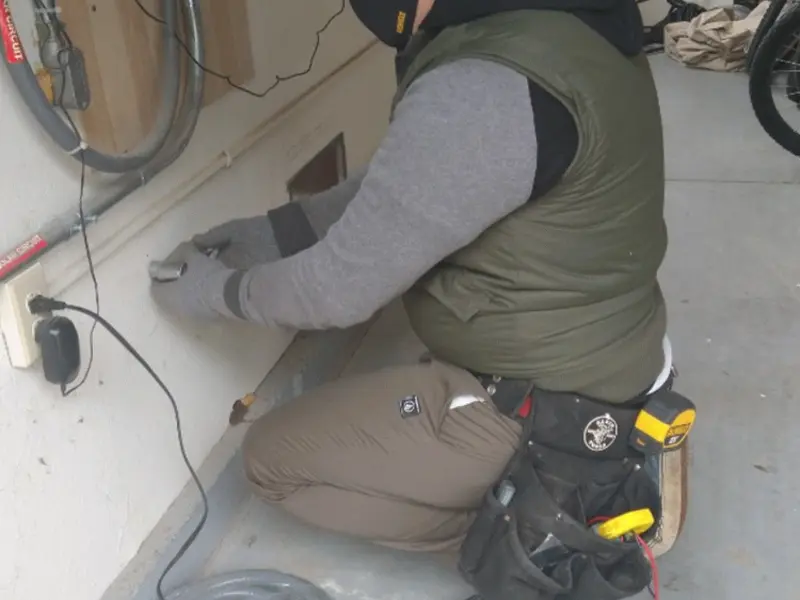 Electrician performing outlet wiring in a Wellington garage